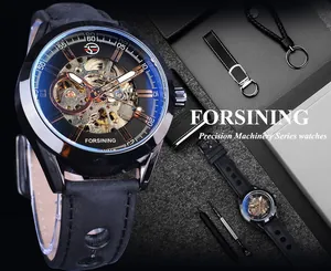 Vue détaillée de la montre automatique squelette Forsining avec bracelet noir et accessoires.