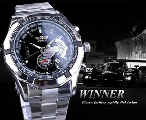 Détail de la montre mécanique automatique WINNER pour homme avec cadran noir et bracelet argent