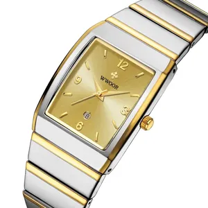 Elegante WWOOR Herren-Quarzuhr quadratisch mit gold-silbernem Edelstahlarmband im Business-Stil