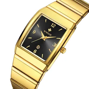 WWOOR Herren Luxus Gold quadratische Quarzuhr mit schwarzem Zifferblatt und Stahlband