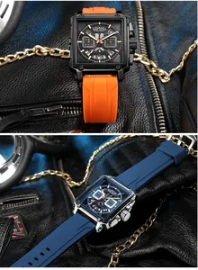 Detalle de los relojes cronógrafos cuadrados Megir para hombre con correas de silicona vibrantes.
