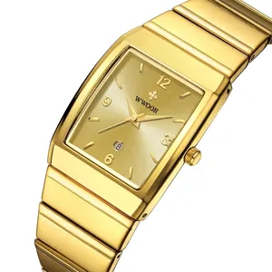 Luxuriöse quadratische Gold-Herrenuhr von WWOOR mit Edelstahlarmband und Datum