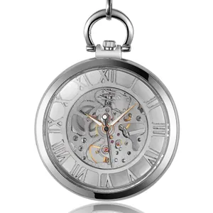 Montre à gousset mécanique squelette argentée avec cadran à chiffres romains