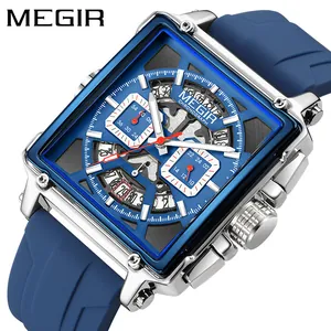 Reloj cronógrafo MEGIR de lujo para hombre con correa de silicona azul y calendario