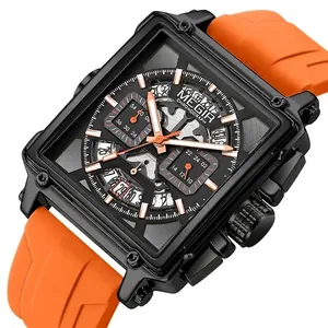 Reloj deportivo Megir para hombre con caja cuadrada y llamativa correa de silicona naranja
