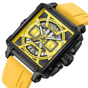 Elegante reloj MEGIR para hombre cuadrado con correa de silicona amarilla y cronógrafo