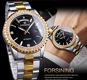 Montre automatique de luxe FORSINING pour homme avec lunette en strass et cadran noir