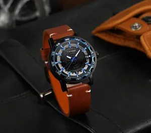 Elegante reloj mecánico manual Winner con esfera esqueleto y correa de cuero.