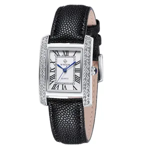 Montre à Quartz WWOOR pour Femmes Boîtier Rectangulaire en Alliage Incrustation de Strass Bracelet en Cuir Véritable Étanche Chiffres Romains