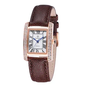 Montre WWOOR élégante pour femme avec bracelet en cuir marron et boîtier or rose serti