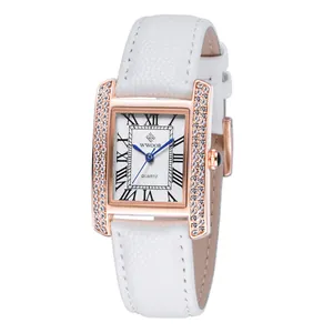 Montre à quartz WWOOR pour femme avec bracelet en cuir blanc et boîtier en or rose cristal