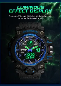 Détail de la montre de sport SANDA avec affichage lumineux LED vert pour la nuit.