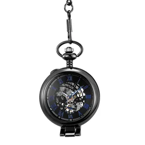 Montre à gousset mécanique squelette rétro avec chiffres romains bleus et chaîne
