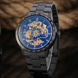 Detailed view of T-WINNER skeleton automatic mechanical watch with black steel band