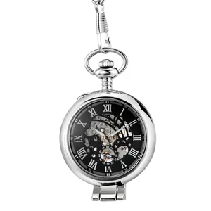 Montre à gousset mécanique squelette argentée avec cadran noir et chiffres romains vintage