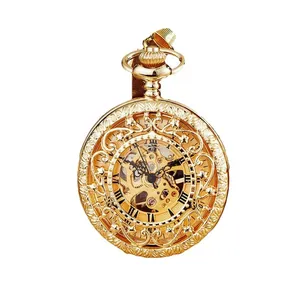 Montre à gousset mécanique squelette dorée avec couvercle aux motifs floraux gravés