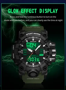 Gros plan de la montre de sport SANDA avec effet d'affichage lumineux vert éclatant.