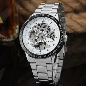 Detailed close-up of the intricate skeleton movement and silver watch dial gears