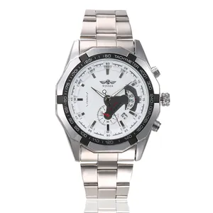 Prise de vue frontale de la montre automatique Winner avec cadran blanc et bracelet acier