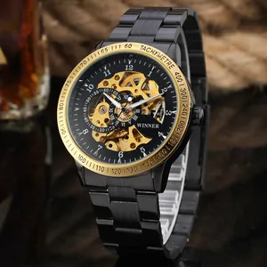 Detailed close-up of a T-WINNER automatic skeleton mechanical watch with gold-tone gears.