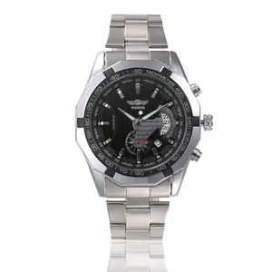 Montre automatique Winner pour hommes avec cadran squelette noir et bracelet en acier argenté.