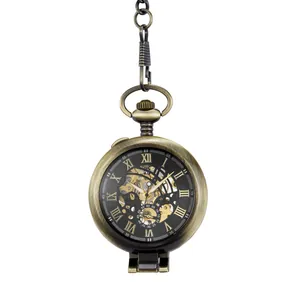 Montre à gousset mécanique squelette vintage en bronze avec loupe et clapet