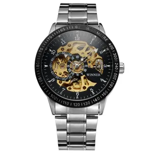 Close-up of a T-WINNER silver skeleton automatic mechanical watch with stainless steel band