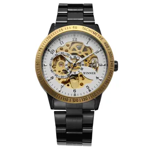 Macro detail of T-WINNER skeleton automatic mechanical watch featuring black metal strap