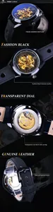 Vues détaillées de la montre mécanique automatique squelette Forsining pour hommes.
