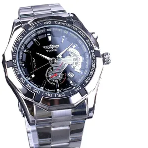 Montre mécanique automatique Winner pour hommes avec cadran noir et bracelet en acier