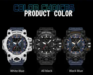 Montres de sport multifonctions SANDA 6126 en variantes blanc-bleu, tout noir et noir-bleu.