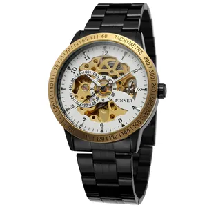 Close-up of T-WINNER skeleton automatic mechanical watch with black and gold details.