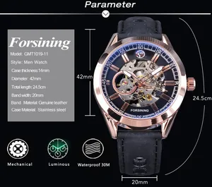 Vue détaillée de la montre automatique Forsining pour hommes avec ses paramètres