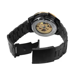 Detailed view of T-WINNER automatic mechanical watch showing golden movement through back