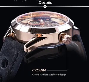 Gros plan macro sur le boîtier et la couronne en acier inoxydable or rose d'une montre Forsining