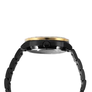 Detailed side profile of T-WINNER black and gold automatic mechanical watch with metal strap