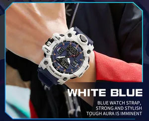 Vue détaillée de la montre de sport SANDA étanche et lumineuse avec un design blanc et bleu