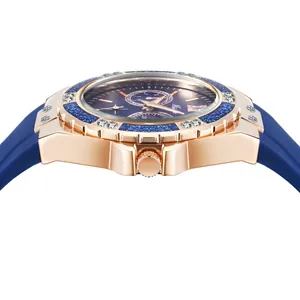 Macro detail of MISSFOX women's quartz watch with blue silicone strap and crystals