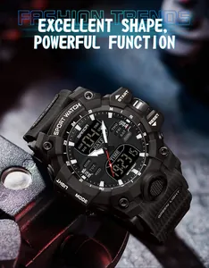 Gros plan détaillé d'une montre de sport numérique SANDA noire avec écran lumineux