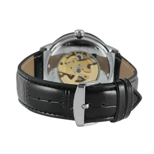 Back view of T-WINNER automatic mechanical watch with transparent skeleton case back and strap.