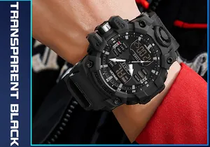 Gros plan détaillé de la montre de sport numérique noire SANDA portée sur un poignet.
