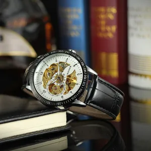 T-WINNER skeleton automatic mechanical watch with black leather strap and golden dial gears
