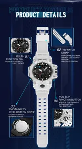 Détails de la montre de sport SANDA 6126 avec bracelet en TPU et fond en acier