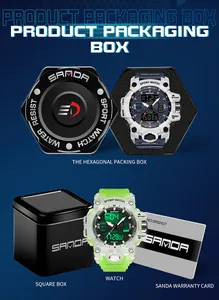 Détail de la montre numérique SANDA avec boîtes cadeaux hexagonales et carrées.