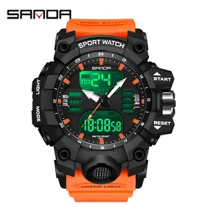 Montre de sport SANDA 6126 avec bracelet orange et double affichage numérique et analogique.