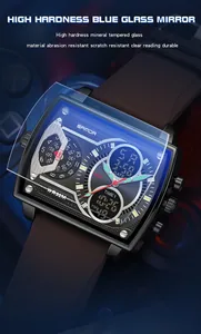 Detailansicht der SANDA 6032 quadratischen Sportuhr mit gehärtetem Mineralglas