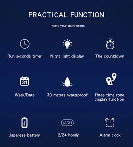 Infografik zeigt die praktischen Funktionen der digitalen Sanda 6032 Sportuhr im Detail