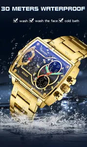 Multifunktionale goldene quadratische Digitaluhr für Herren mit 30M wasserdicht und Datum