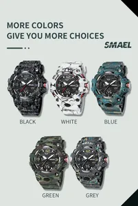 Montres tactiques SMAEL affichées en plusieurs couleurs et motifs de camouflage