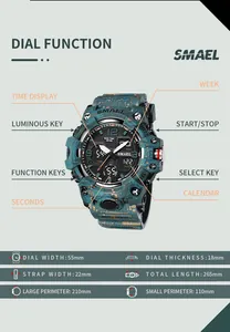 Vue détaillée de la montre SMAEL avec labels de fonction et dimensions précises.